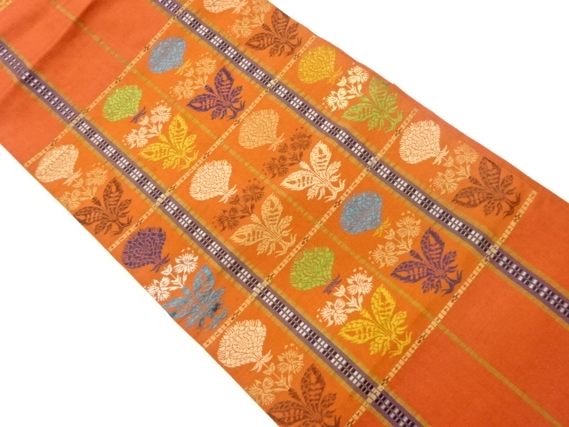 手織り紬格子に草花模様織出し名古屋帯